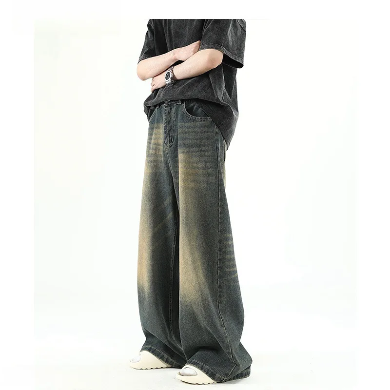 Retro Yellow Mud Old Washed Jeans Men's And Women's American Street Loose Straight Versatile Casual Pants Mopping Trousers