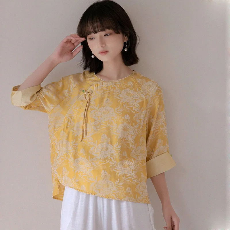 Fresh Yellow Fashion Jacquard Tensilk Mid-Sleeve Small Shirt Ladies National Style Loose Casual Comfortable Texture Shirt Summer