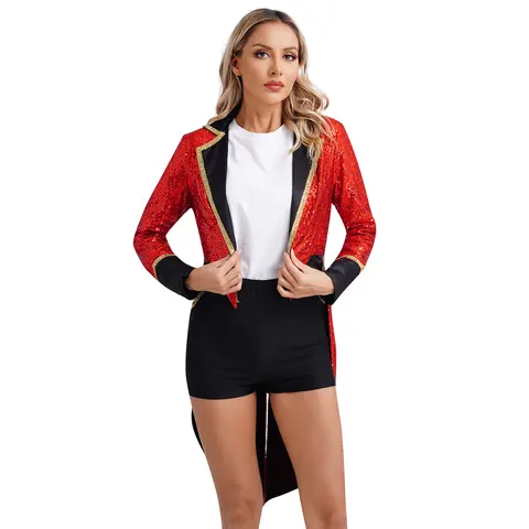 Abrigo de cola de lentejuelas para mujer, disfraz de circo Ringmaster, domador de León, disfraz de Halloween, ropa de abrigo de esmoquin de mago de manga larga