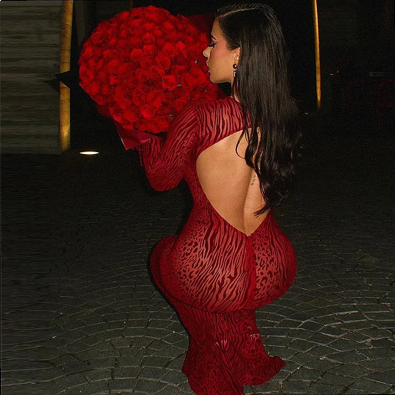Sexy Backless Red Leopard Print Mermaid Dress, Elegant Party Bodycon Dresses for Women Spring Summer