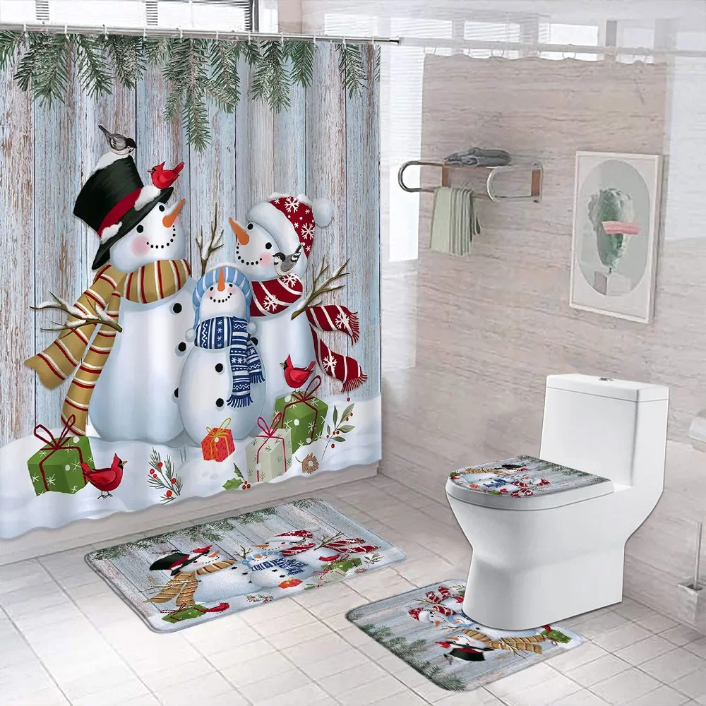 

Christmas Bathroom Set with Shower Curtain and Rug Santa Gift Red Background Happy New Year Bath Curtain Set Xmas Bathroom Decor