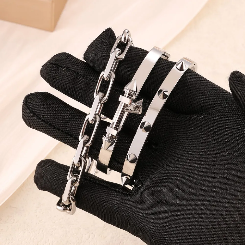 Neutraler Stil, Punk-Mode, Titanstahl-Nieten-Armband-Set – wasserdichter Schmuck für den täglichen Gebrauch für Damen und Herren – Detail 7