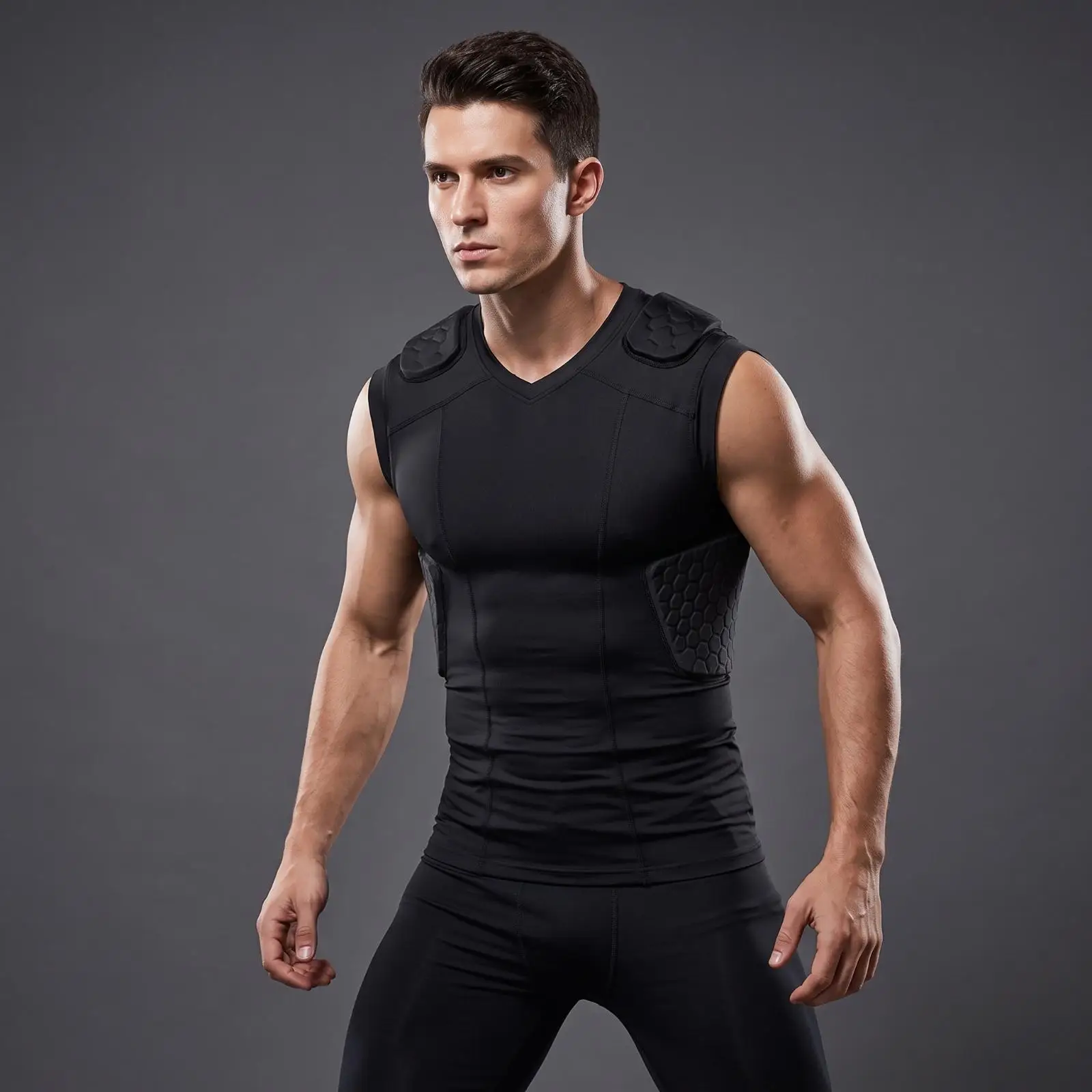 Sleeveless Padded Compression Vest Side Impact Protection, Close-Fitting Body-Hugging Cut, for Sports Training