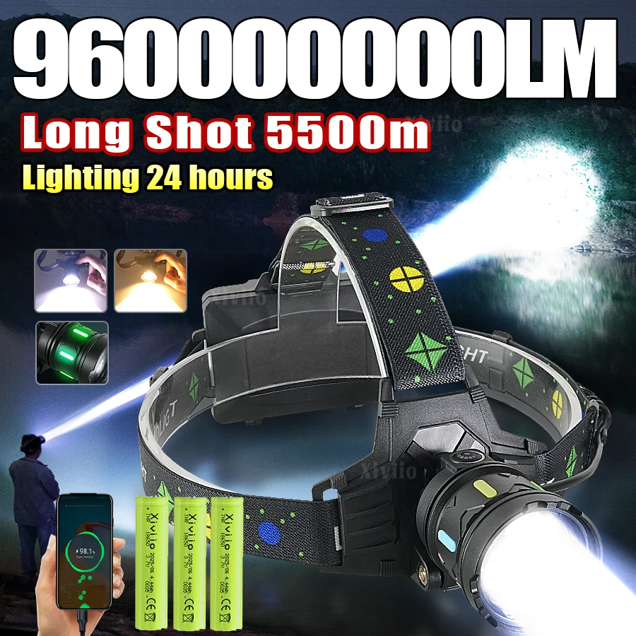 

960000000LM Ultra Powerful LED Headlamp Super Bright Long Range 5500M Head Flashlight Rechargeable Head Lantern Fishing Hunting