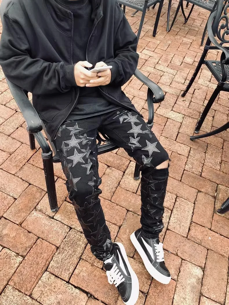 

New Male Trendy fashion black leather star patchwork knee knife cut hole street jeans men's trousers slim fit leggings pants 691