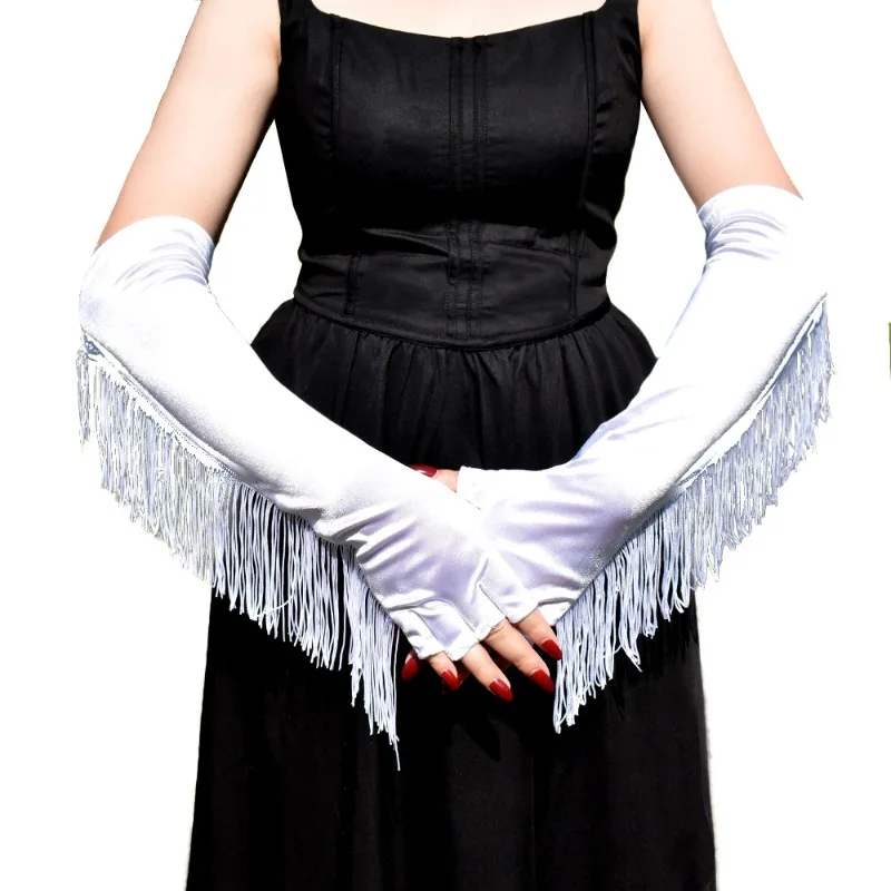 39CM Women Tassel Satin Long Half Finger Gloves Cosplay Stage Performances Latin Dance Lolita Fashion Personality Retro Style