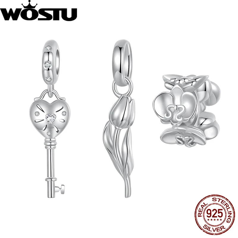 WOSTU 925 Sterling Silver Heart Key Pendant Tulip Phalaenopsis Charm DIY Bracelet Necklace Fine Jewelry For Women Daily Gift