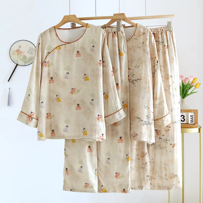 

Retro Pajamas Women's Spring Summer Thin Bamboo Cotton Long-sleeved Trousers 2-piece Set Loungewear Can Be Worn Outside