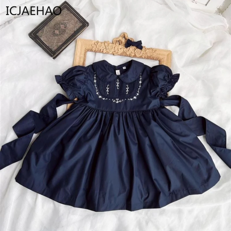 

2024 Smocked Dresses Dark Blue Embroidered Girl's Dress Solid Bubble Sleeve Children Clothes Girl Summer Kids Party Baby Fashion