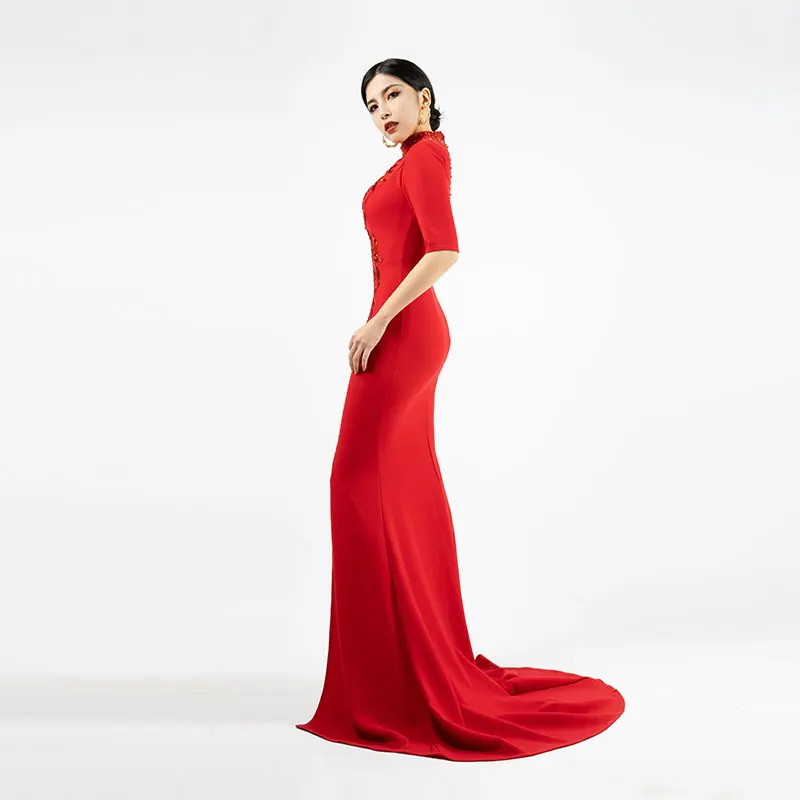 Vestido de noche rojo personalizado para mujer, traje de lujo con cuello alto, ajuste Delgado, envoltura de cadera, Reunión Anual, espectáculo, Anfitrión, H50, nuevo, 2024