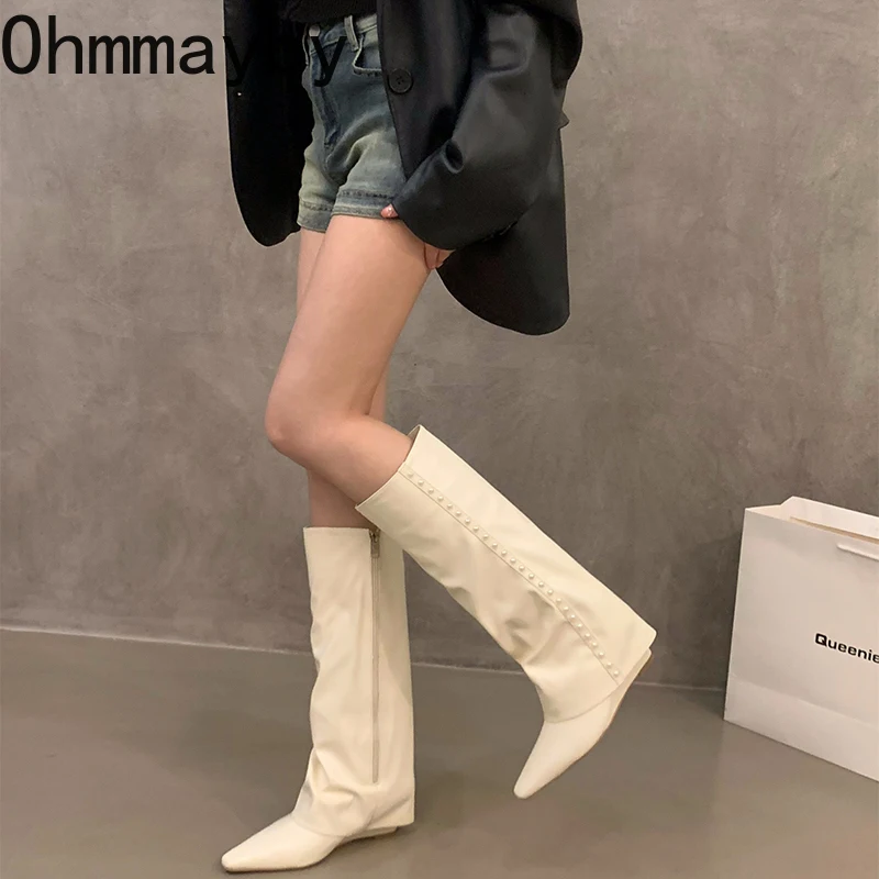 Vintage Women Knee-High Boots Fashion Elegant Pointed Toe Shoes Autumn Winter Wedges Heel Women\'s Knight Long Booties