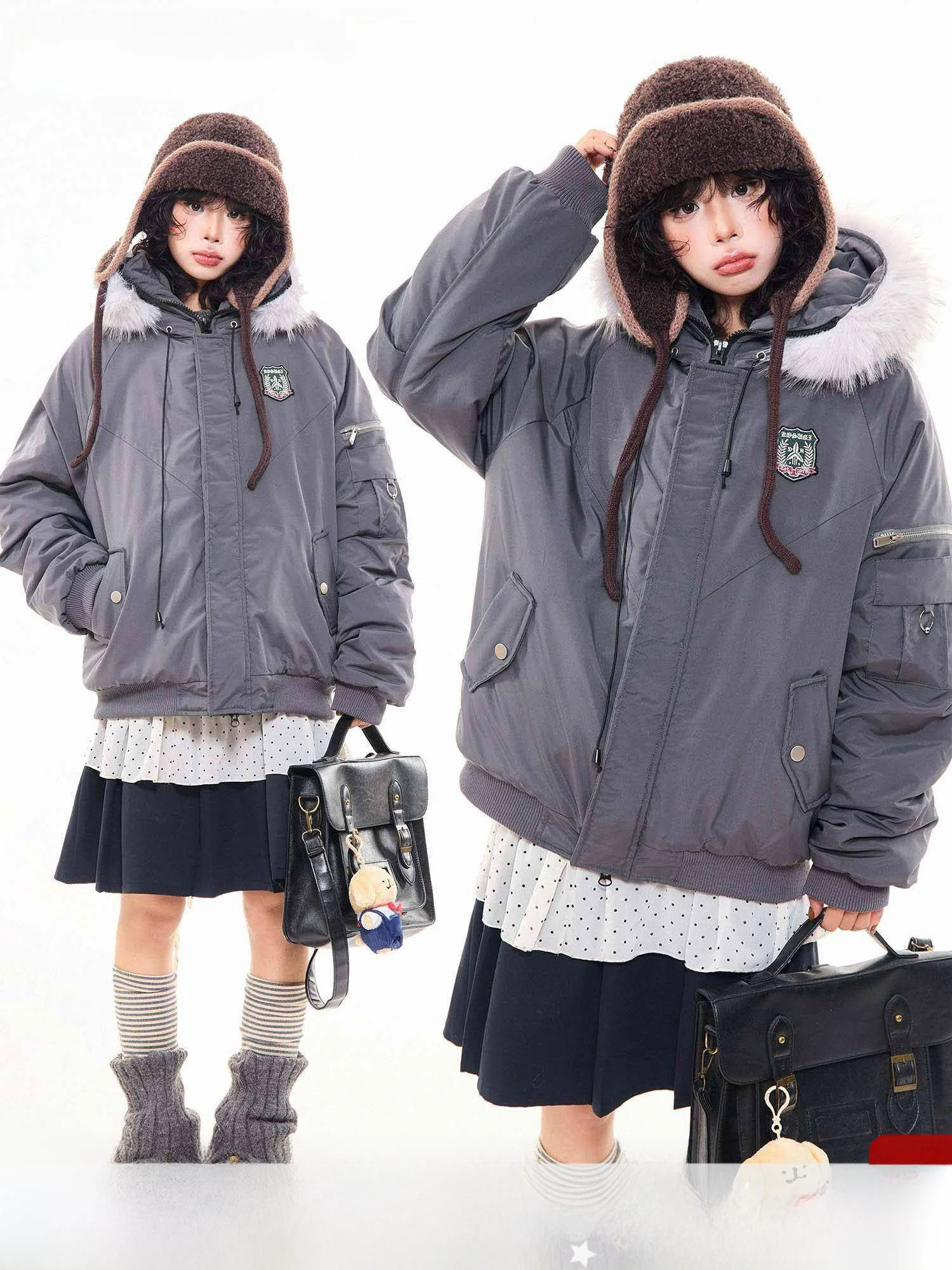 

American Retro Bae Hooded Cotton Jaet Women's Winter Loose Thi Warm Workwear Flng Collar Coat Long Sve Zipper