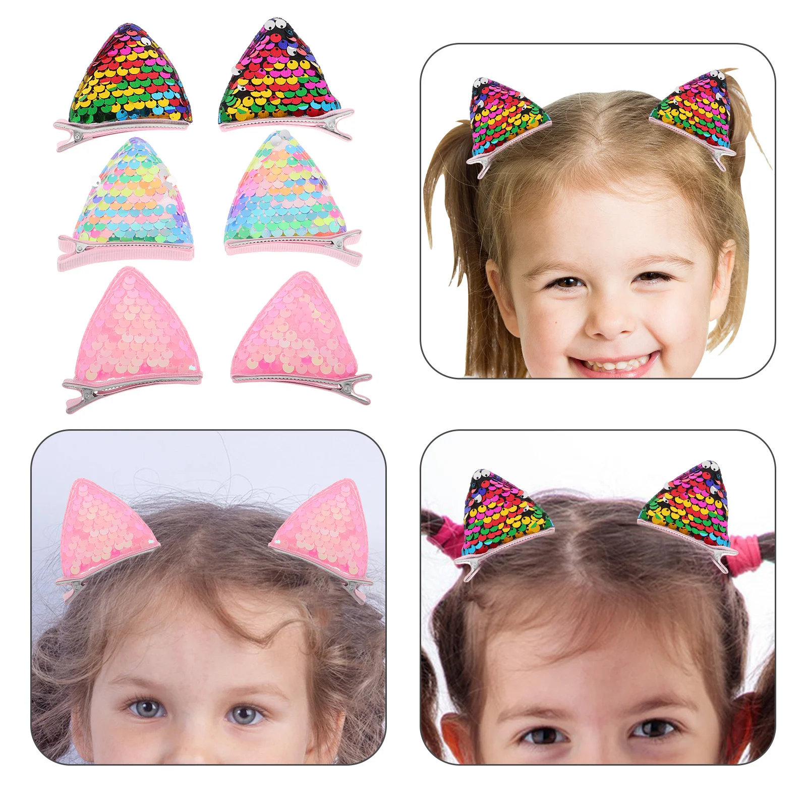 

6Pcs Cute Cat Ears Hair Clips Sparkly Sequins Duckbill Clips for Girls Toddlers Baby Hair Accessories Light Pastel Pink Dark