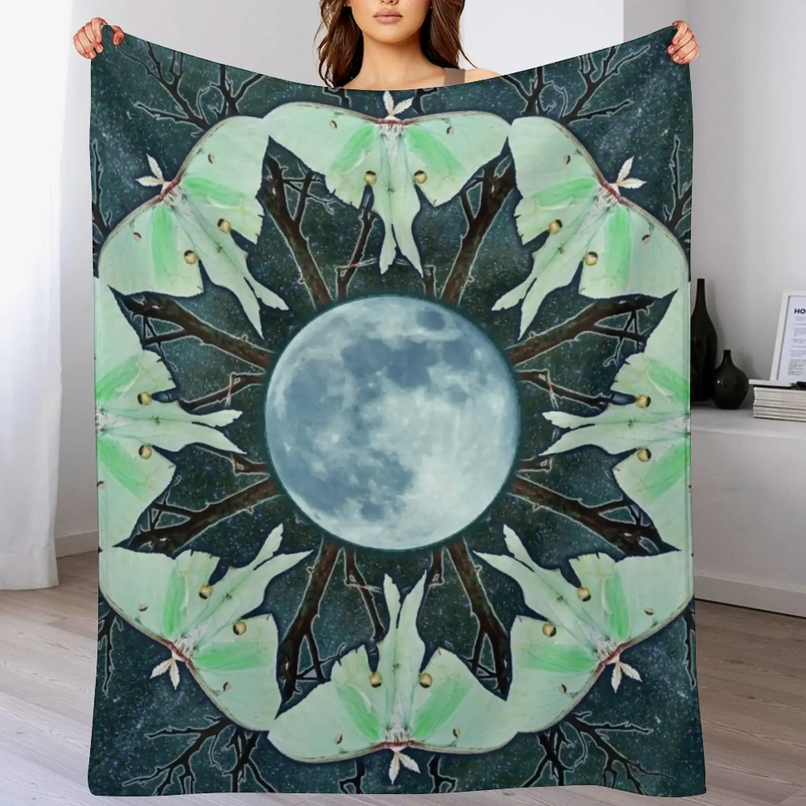 

Luna Moth and Full Moon Mandala Throw Blanket bed plaid sofa bed Blankets