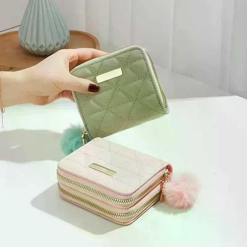 Mini Quilted PU Leather Wallet With Double Zippers Fluffy Pom Pom For Daily Commute Shopping Travel