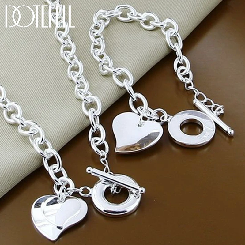 DOTEFFIL 925 Sterling Silver Naszyjnik z podwójnym sercem Zestaw bransoletek dla kobiet Biżuteria ślubna i zaręczynowa
