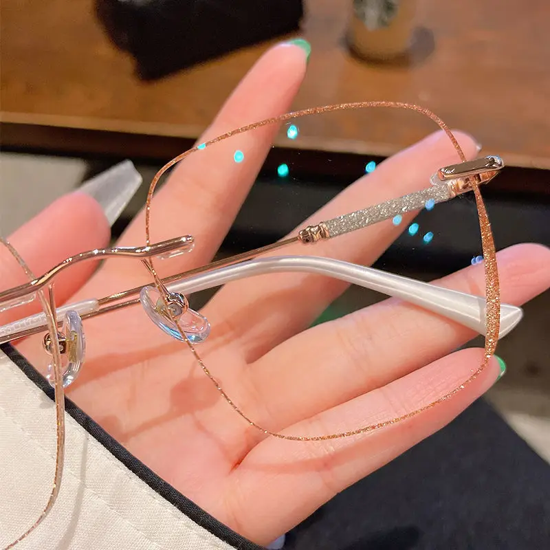 Women\'s Large Frame Myopia Glasses Prescription Eye Glasses Anti Blue Light Myopia Rimless Glasses