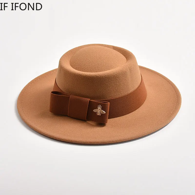 Fedora Hut für Frauen Flat Top konkaven Design elegante Dame Bogen Filz Jazz Hüte bunte Hochzeits feier runde Kleider mützen