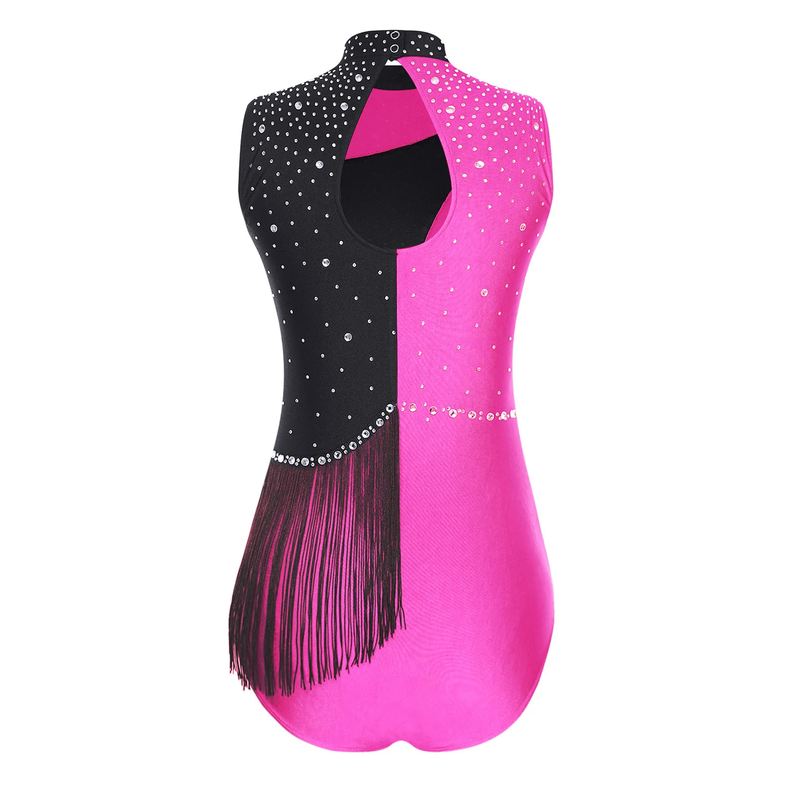여성 피겨 스케이팅 리듬 체조 레오타드 반짝 이는 라인스톤 태슬 볼룸 차차 탱고 댄스를위한 발레 바디 슈트