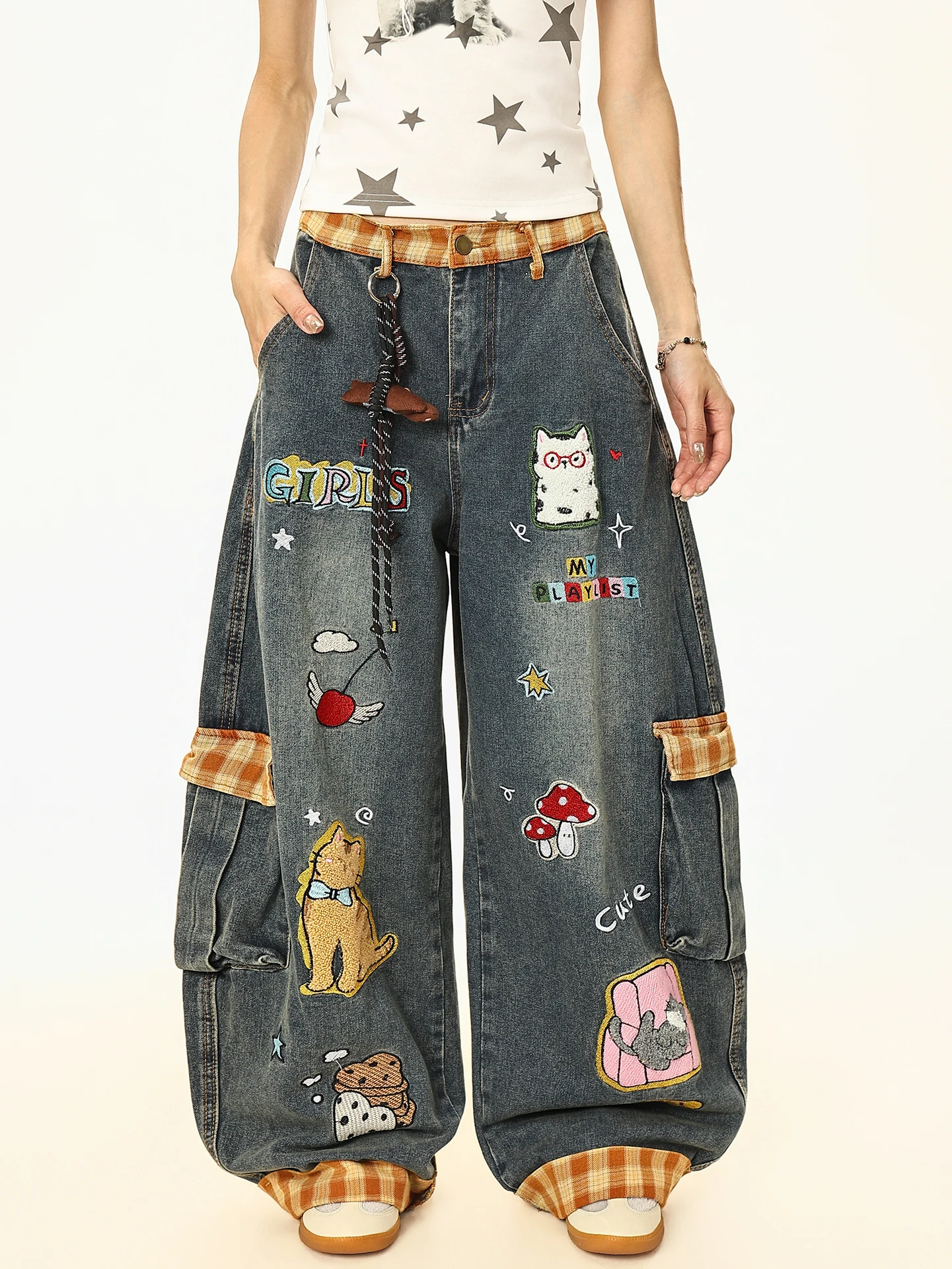 

Boeax American High Street Retro Embroidered Patchwork Plaid Loose Wide Leg Jeans Women Summer Design Sense Casual Blue