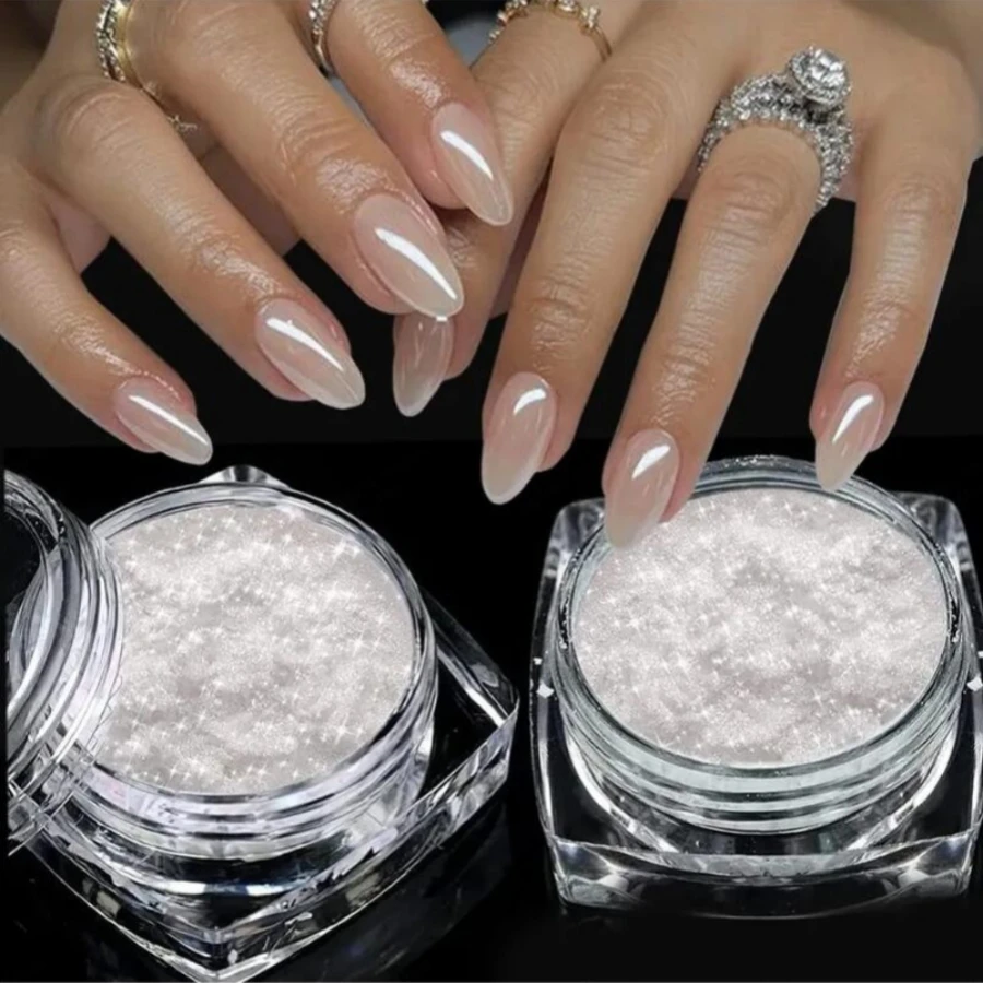 Pó cromado branco com efeito espelho, Pearl Shimmer, esmalte Donut Nail, 2pcs