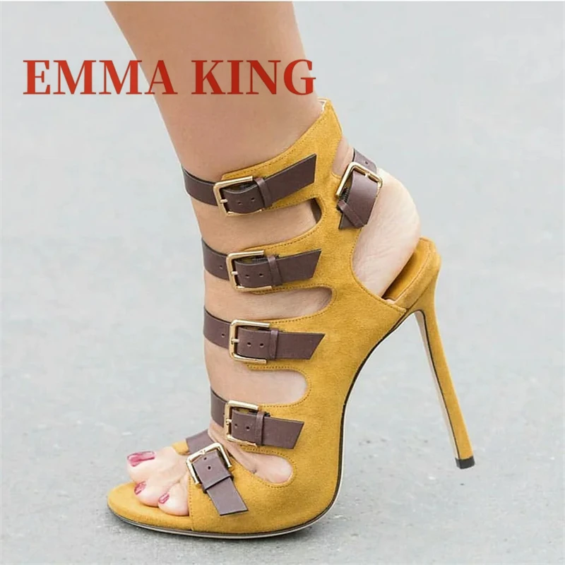 صنادل نسائية بكعب متعدد الحزام صنادل مثيرة بمقدمة مفتوحة من جلد الغزال الأصفر صنادل بكعب ستيليتو أحذية نسائية للحفلات موديل 2025 حذاء جديد
