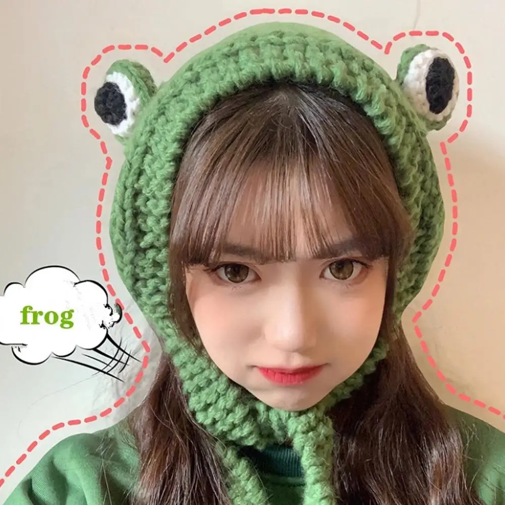 Frog Headband Hat Cute Crochet Knitted Headband Outdoors Big Eye Frog Cap Earflap Ear Protective Hair Accessories