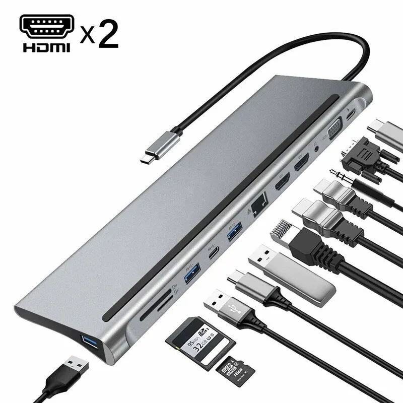 12-In-1 USB C Hub USB 3.1 Type-C to HDMI-compatible 4K RJ45 VGA Multi USB Splitter Docking Station for Microsoft Surface Book 2