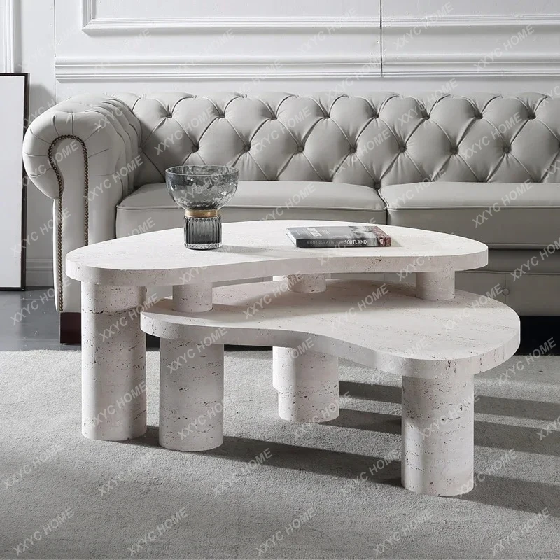 XX X Natural Travertine Coffee Table Living Room Light Luxury Table Modern Double Coffee Table Creative Light Luxury
