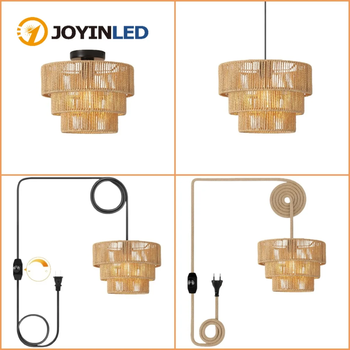 JOYINLED 30cm Braided Paper Rope Chandelier Boho Rattan Pendant Light E27 Vintage Lighting Dining Table Living Room Bedroom Lamp