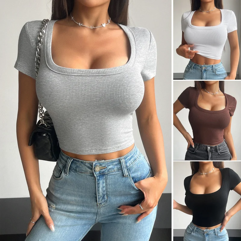 

Women'S Solid Color Square Neck Short Style Exposed Navel Fashionable Shaping T-Shirt