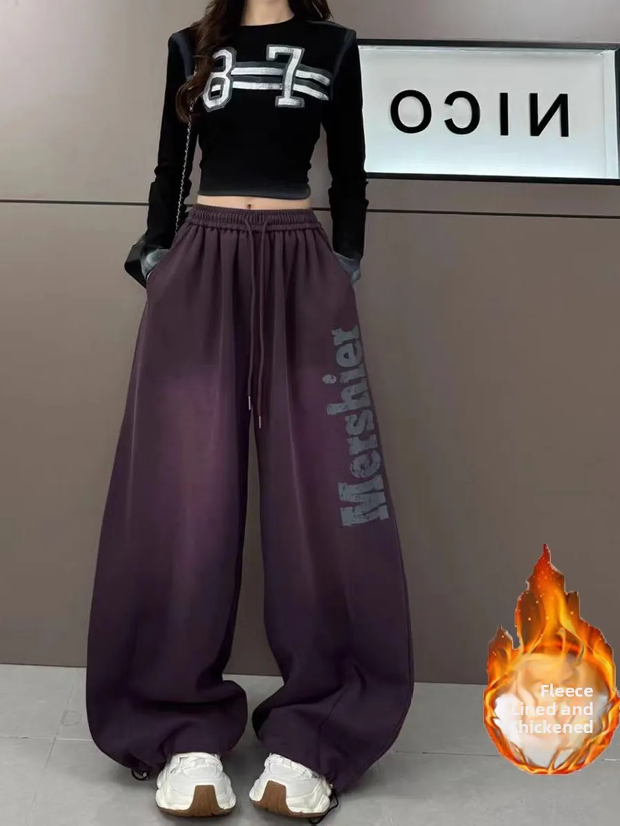 

Retro Fce Lined Wide Leg Casual Pants Heavy Embroidery Floor Length Trousers for Women Autumn Winter New Sle Ladies Pants