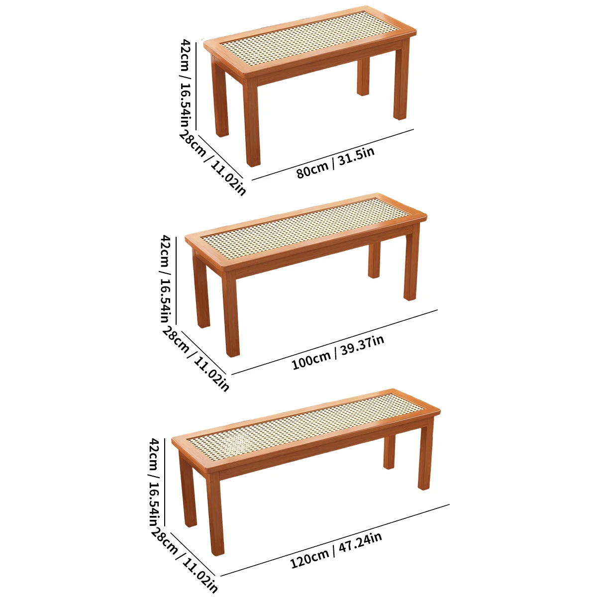 Multi-Size Bamboo Long Bench, Durable Plastic Rattan Seat & Rounded Edge for Dining/Entryway/Bedroom Versatile Seating