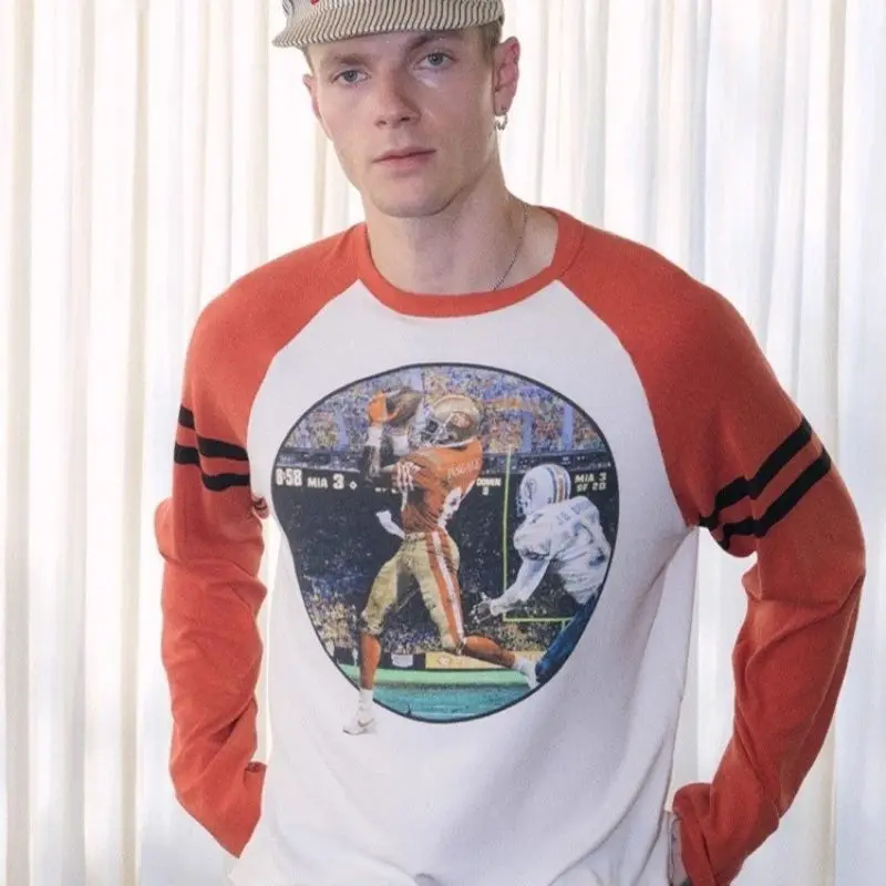 Orange Raglan Sleeve Crew Neck Blouse T-shirts American Baseball Jersey Long Sleeve Pullover Retro Pattern Cute Printed Harajuku