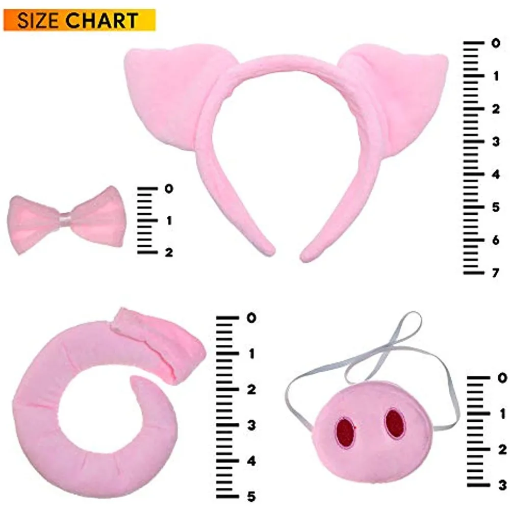 Skeleteen Pig Costume Accessories Set Fuzzy Pink Pig Ears Headband, Bowtie, Snout and Tail Kit Piglet Costumes Toddlers and Kids