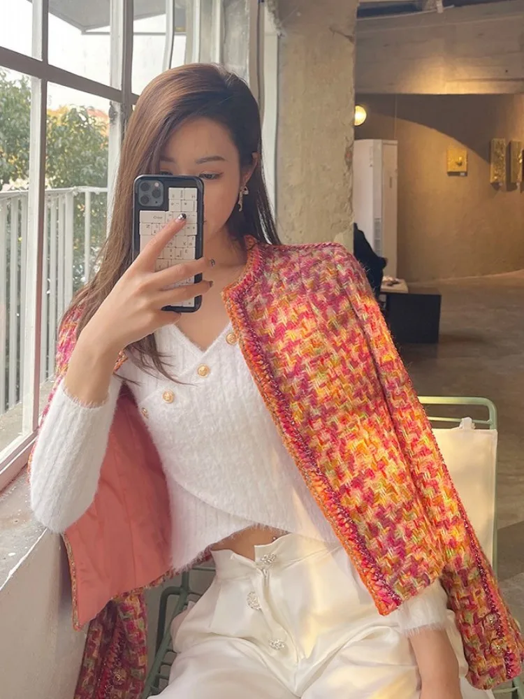 Women Spring Colorful Tweed Jacket Fashion Elegant Office Lady Handmade Weave Cardigan Short Coat O Neck Long Sleeve Outerwear