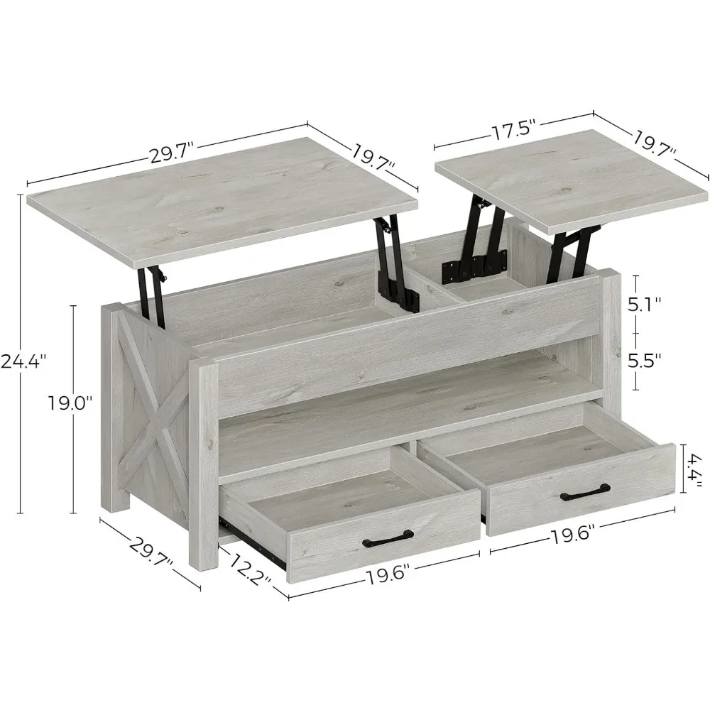 Table basse avec 2 portes de rangement et compartiment GNE, support en bois X, table centrale rétro avec ascenseur, table de café