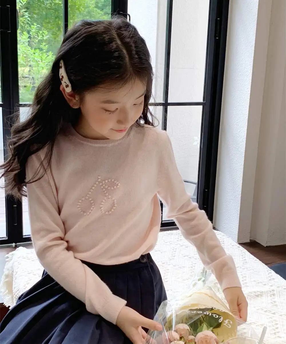 

Autumn winter baby girls clothes kids sweaters casual Sweet girl's pink sweater Cherry patterned knitted pullover