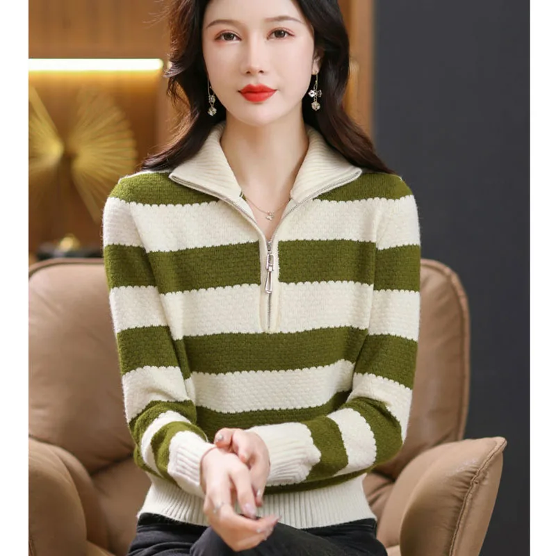 Autumn Winter Female Half Open Zipper Sweater Korean Ladies Large Size 4XL Pullover Knitting Women Loose Fitting Stripe Knitwear