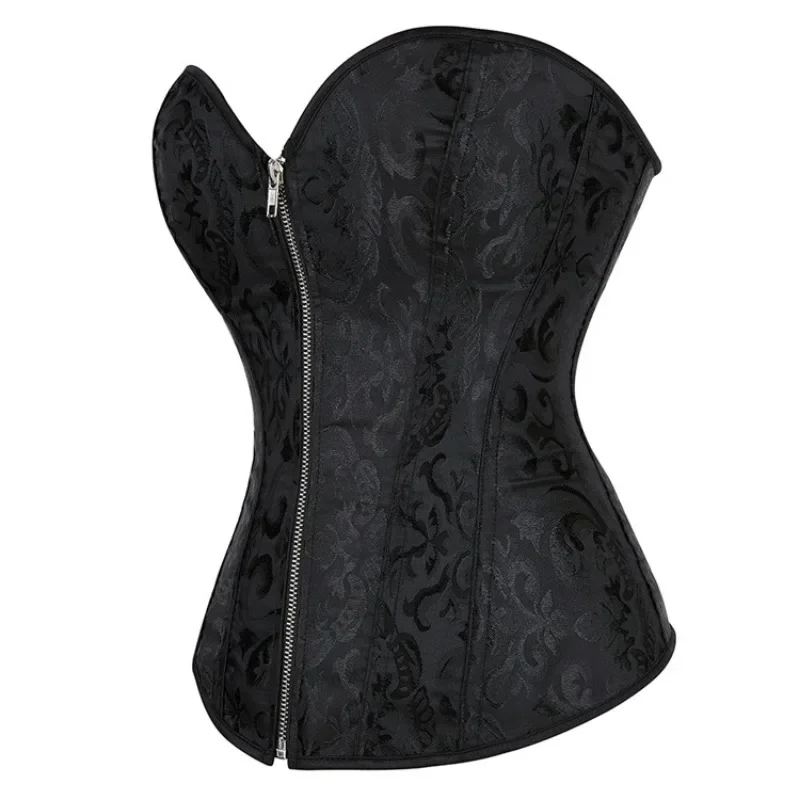 Jacquard Overbust Corset Lace Up Boned Bustier Top Basques Black White Front Zip Korset Gothic Women Slim Corselet