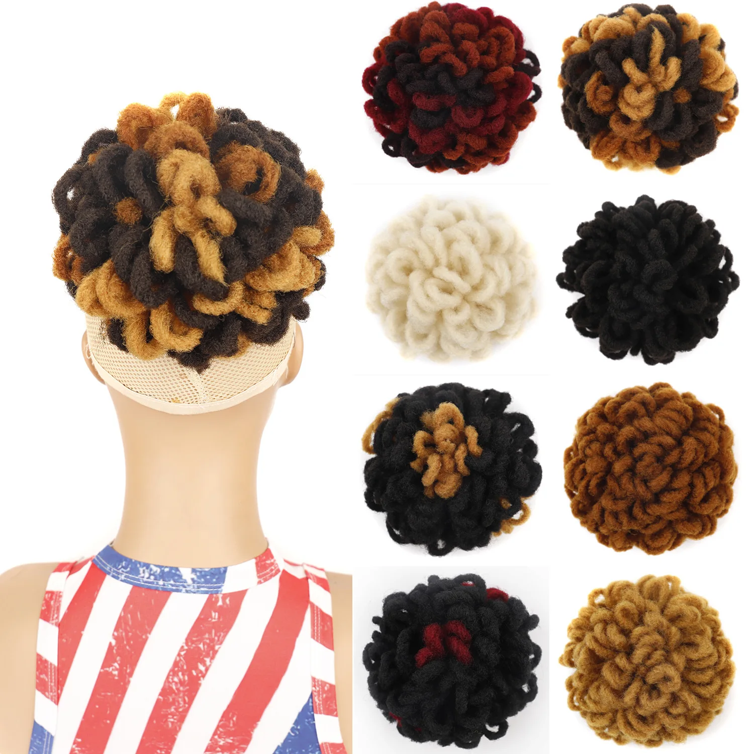 Synthetic African Curly Faux Bun Ponytail Dread Bun Braided Chignon Extension Afro Puff Drawstring Twist Hairpiece