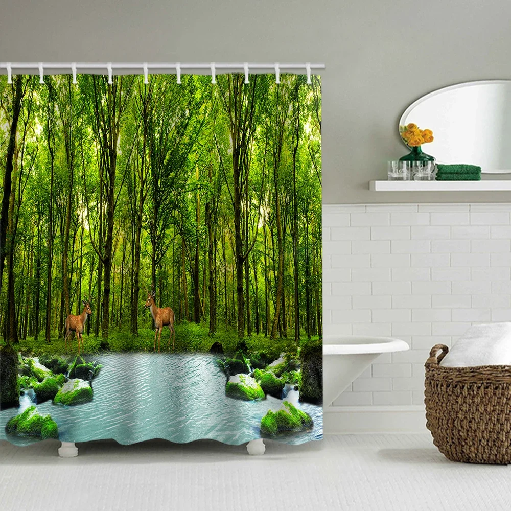 1/4 Forest Creek shower Curtains, Toilet Seat Decoration, Shower Curtain with Carpet and Toilet Lid, 12 70.8x70.8 inch Hooks