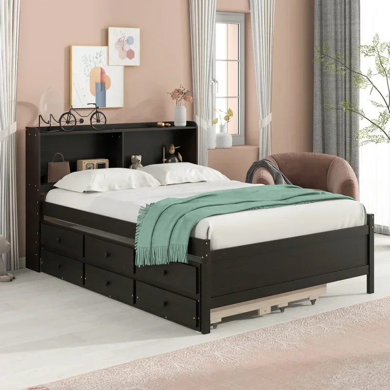 l Bed with Bookcase,Twin Trundle,Drawers,Espresso