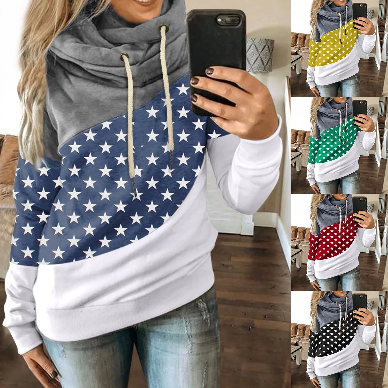 

Y2k Clothes Hoodies For Women Casual Long Sleeve Drawstring Hoodies Sweatshirt Vintage Color Block Star Print Hooded Pullover