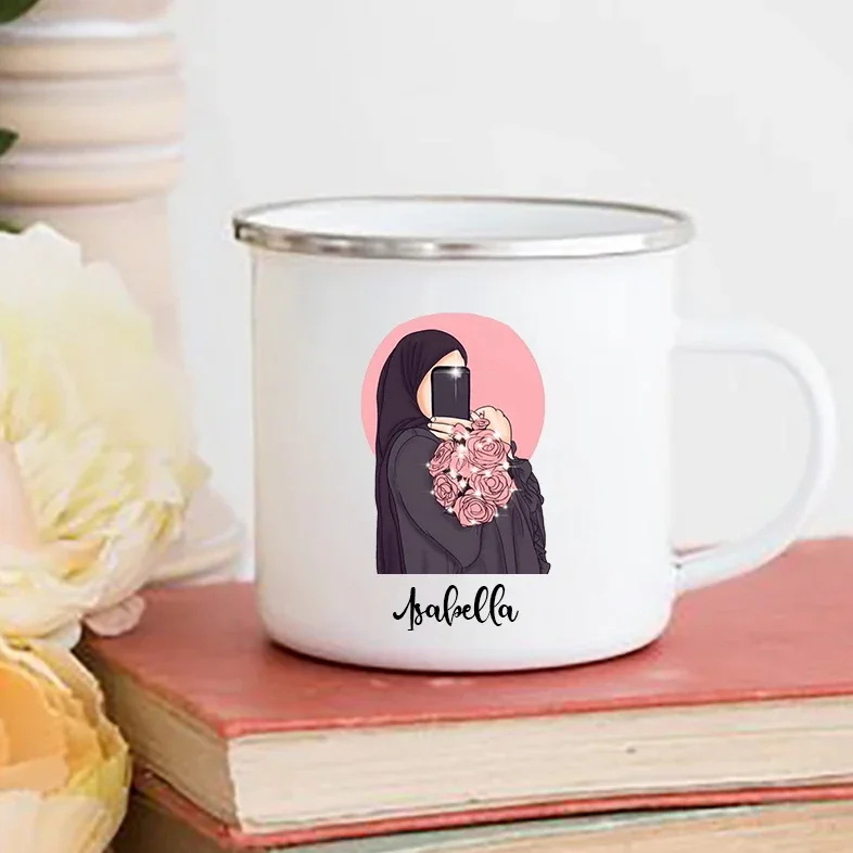 Personalised Hijabi Girl Printed Mug Coffee Cups Drinks Water Cup Muslim Girls Custom Name Enamel Handle Mugs Handle Eid Gifts