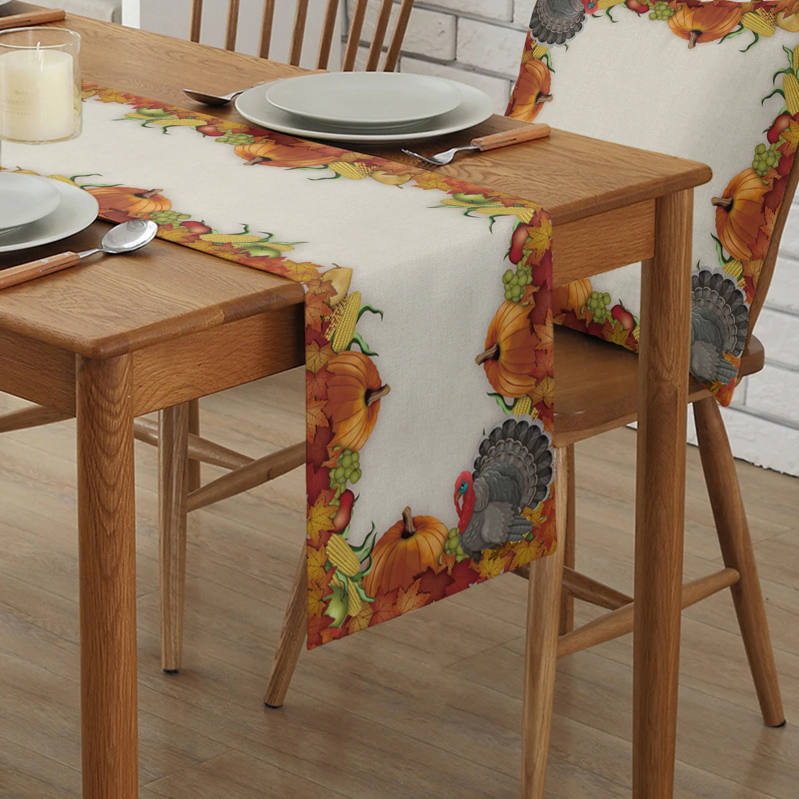 Thanksgiving Table Runner Farm Turkey Maple Leaves Country Decor Anti-stain Table Runner for Dining Table Christmas Decorations