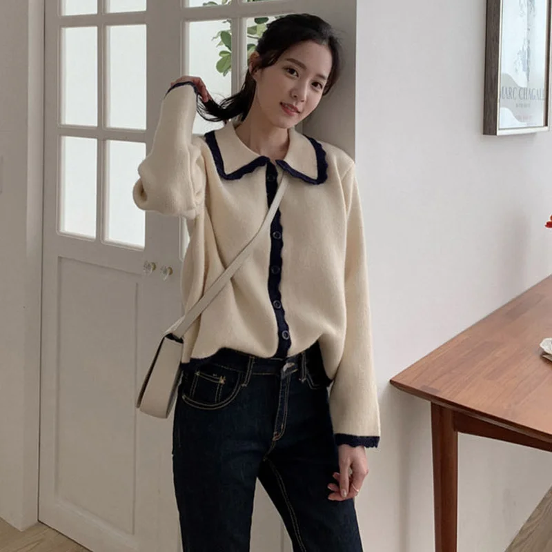 Cardigans Women Sweaters Turn-down Collar Preppy Casual All-match Knitting Spring Fall Design Patchwork Kawaii Student Ins New