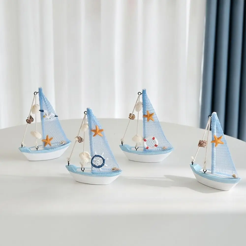 Mediterranean Style Sailing Boat Model Handmade Fishing Net Accent Wooden Sailing Boat Wooden Shells Accent Wooden Ship Ornament