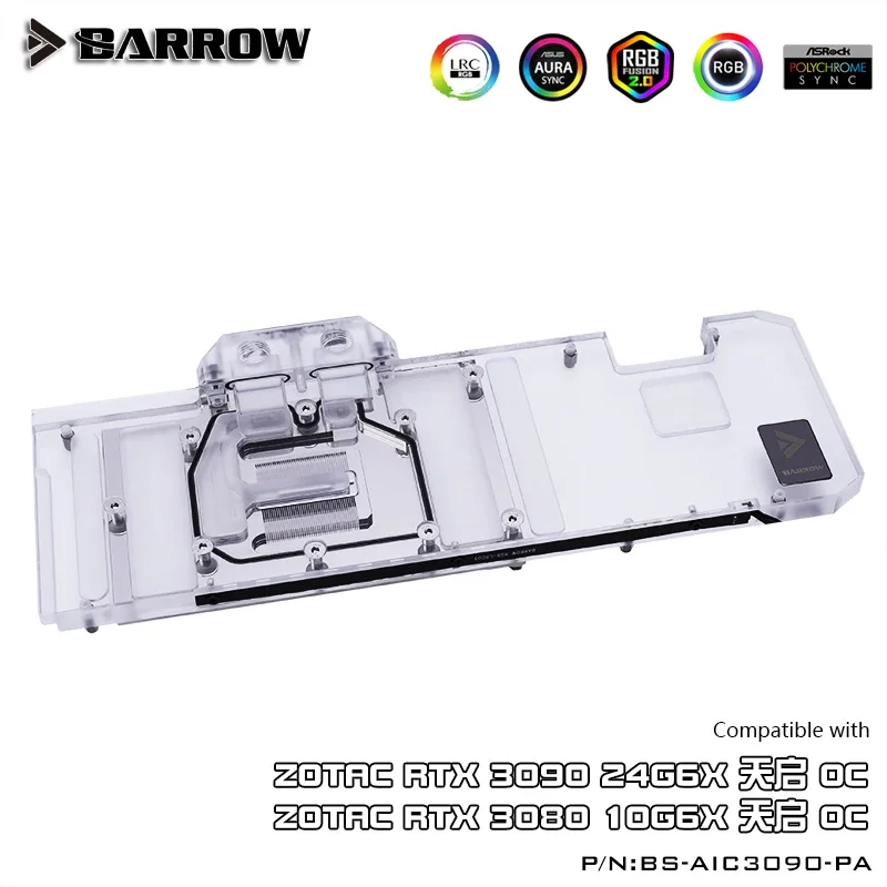 Barrow Full Coverage GPU Water Block For VGA ZOTAC 3090 24G6X OC/3080 10G6X OC, 5V ARGB 3PIN MOBO AURA SYNC