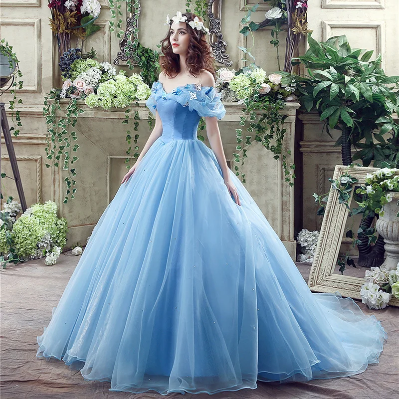 Blaue Ballkleider Schmetterling Puff von der Schulter Prinzessin Geburtstags kleid Robe de Bal formelle Abend party für Frauen fegen Zug